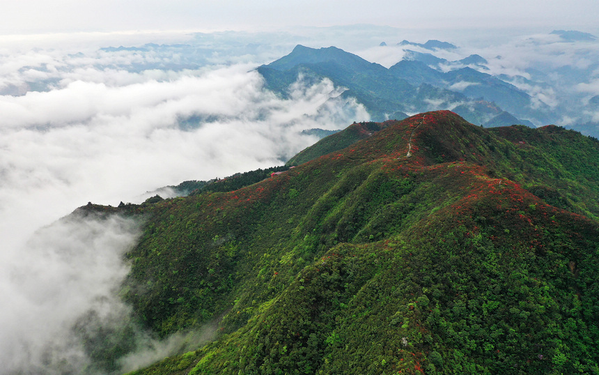 雨后云霧中的丹寨縣龍泉山景色（無(wú)人機(jī)照片）。