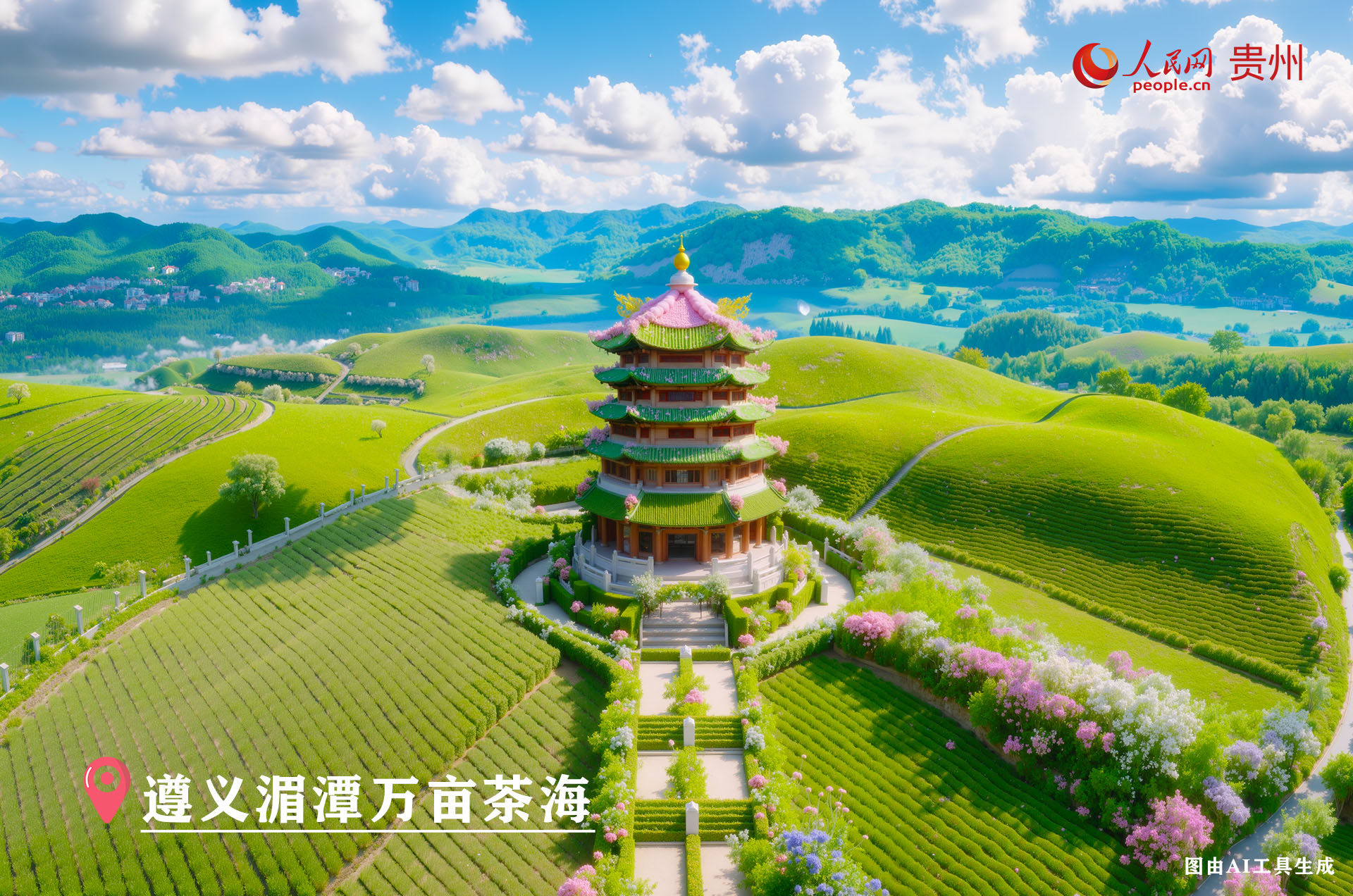 遵義湄潭萬(wàn)畝茶海位于湄潭縣永興鎮(zhèn)等地，是世界最大的連片茶園，這里丘陵起伏，茶樹依勢(shì)種植，茶海碧波蕩漾，茶香四溢，是茶旅一體化的典范，也是游客體驗(yàn)茶文化、欣賞田園風(fēng)光的好去處。