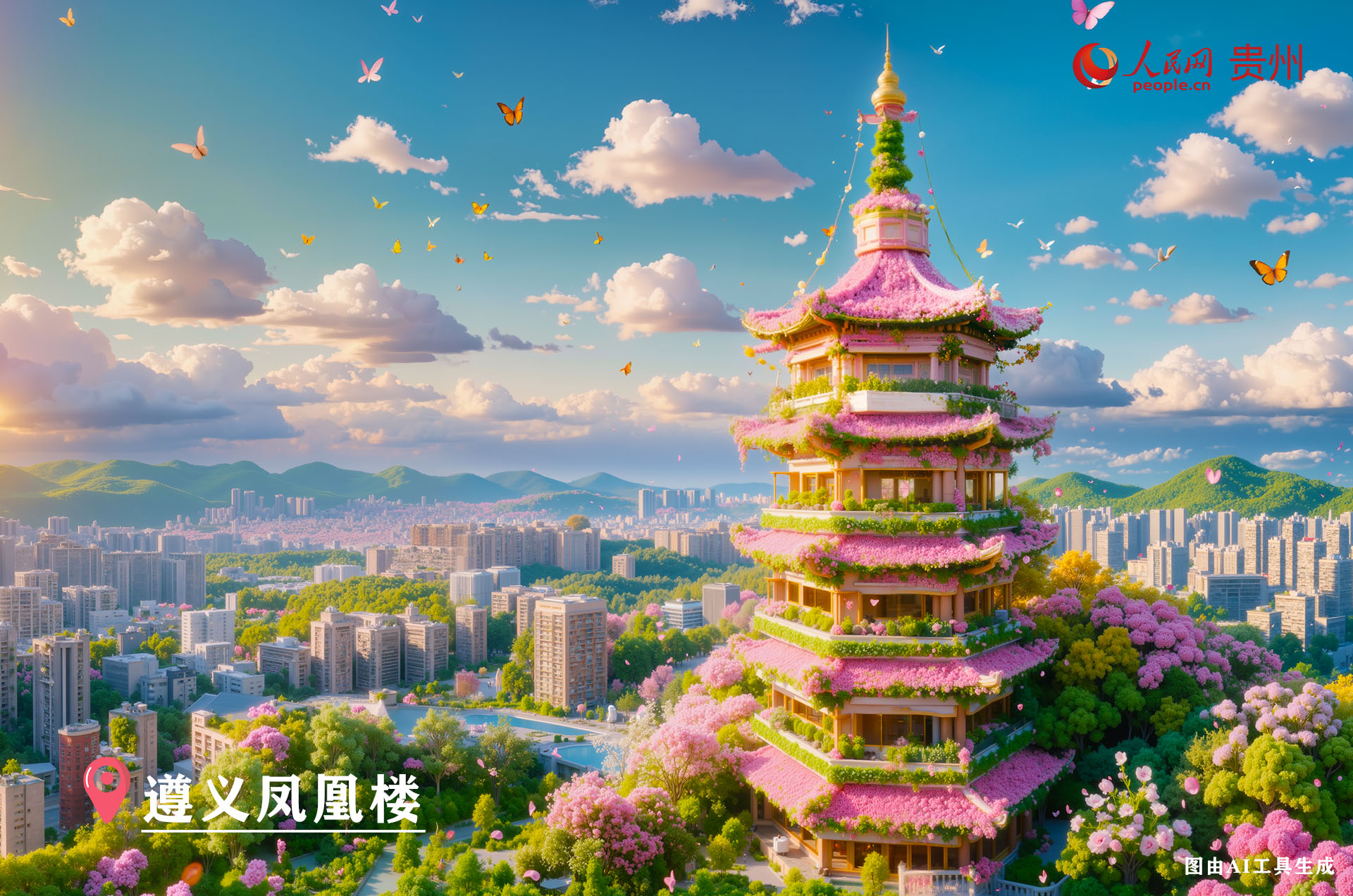 遵義鳳凰樓位于鳳凰山國(guó)家森林公園主峰之巔，是遵義的地標(biāo)建筑。它重建于 2006 年，為七層六角型仿古塔樓，高 46 米。其造型獨(dú)特，登頂可將遵義城區(qū)風(fēng)光盡收眼底。