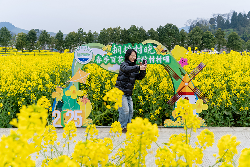 游客在油菜花田中打卡拍照。人民網(wǎng)記者 涂敏攝