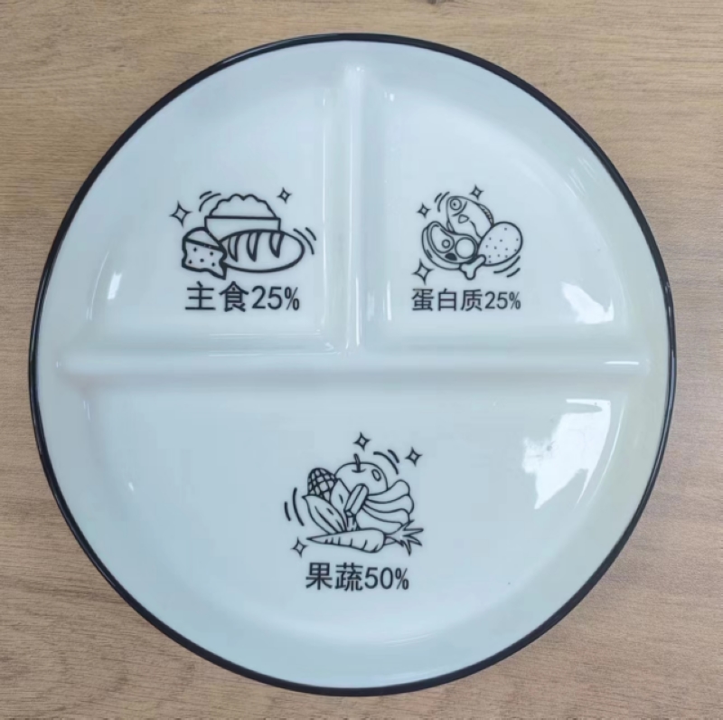 三格膳食餐盤，主食25%，蛋白質(zhì)25%，果蔬50%。