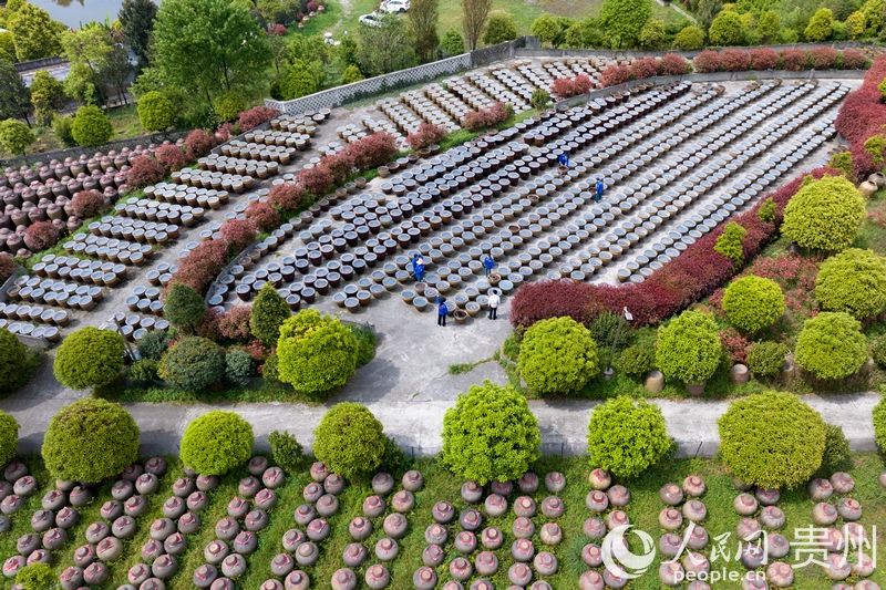 航拍金沙縣泡木灣醬香醋業(yè)園醋胚露酵區(qū)與醬油發(fā)酵區(qū)。人民網(wǎng)記者 涂敏攝